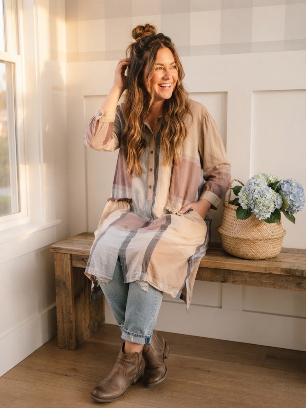 Zara Striped Longline Tunic in Beige, Blue and Pink Medium